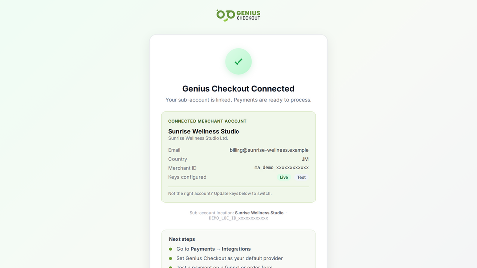 Genius Checkout gateway configuration screen