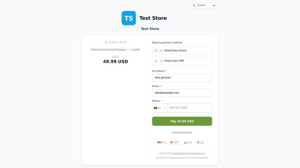 Genius Checkout Test Store payment page opened from a HighLevel payment flow