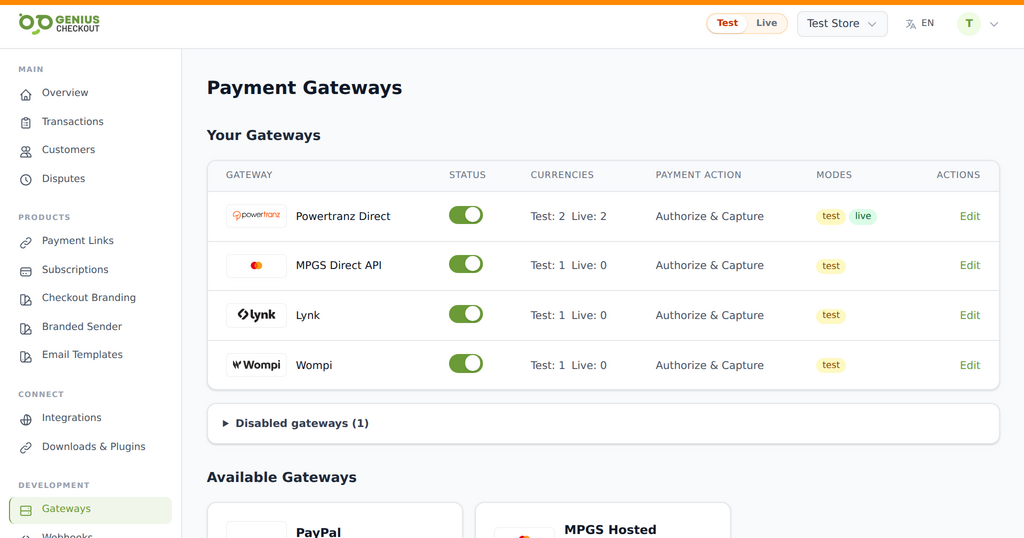 Genius Checkout Test Store gateway settings showing MPGS beside other configured payment services